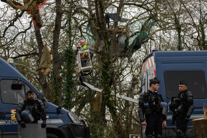 La police mène une opération pour déloger des militants occupant des arbres pour protester contre le projet d’autoroute A69, à la « zone à défendre » (ZAD) de Crem’Arbre à Saïx (Tarn), le 22 février 2024.