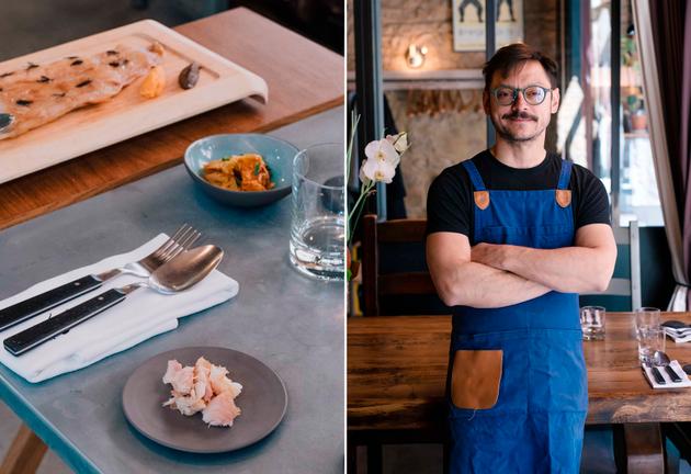 Left: Hay-smoked char cooked at low temperature with kimchi. Right: Hubert Vergoin, chef at restaurant Substrat, May 3, 2024.
