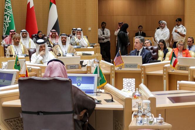 US Secretary of State Antony Blinken (center) at a joint ministerial meeting between the Gulf Cooperation Council and the US on the humanitarian situation in Gaza, Riyadh, April 29, 2024.  