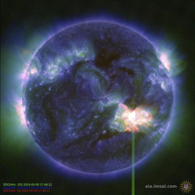 Une éruption solaire, illustrée par l’éclair lumineux en bas à droite et capturée le 9 mai 2024 par la NASA.