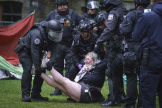 Police remove a protester on the University of Pennsylvania campus, in Philadelphia, on May 10, 2024.