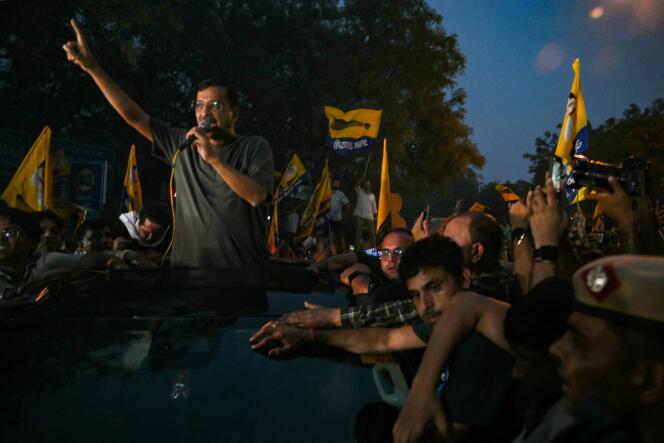 Arvind Kejriwal, chief minister of New Delhi and leader of Aam Aadmi Party (AAP) addresses his supporters and party members upon his release from the prison on interim bail in the capital on May 10, 2024.