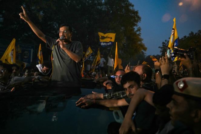 Arvind Kejriwal, chief minister of New Delhi and leader of Aam Aadmi Party (AAP) addresses his supporters and party members upon his release from the prison on interim bail in the capital on May 10, 2024.