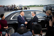 Hungarian Prime Minister Viktor Orban (right) and his Chinese counterpart Xi Jinping at Ferenc Liszt airport in Budapest, May 10, 2024.