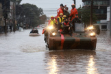 An army tank is used in the rescue works in a flooded area in Porto Alegre, Rio Grande do Sul state, Brazil May 10, 2024.