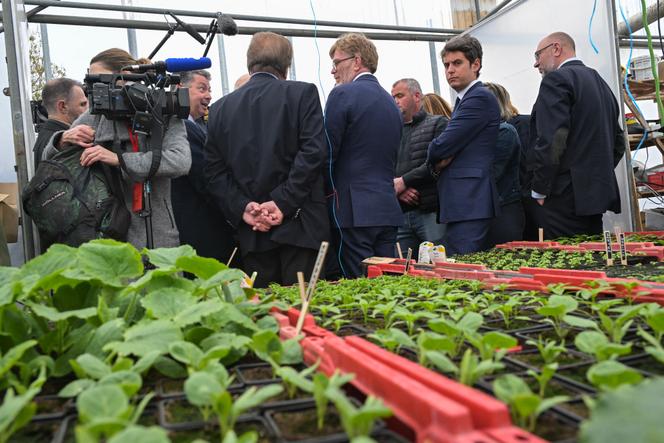Au centre, Marc Fesneau, ministre de l’agriculture, et Gabriel Attal, chef du gouvernement, visitent une exploitation maraîchère, à Bretteville-sur-Ay (Manche), le 27 avril 2024.