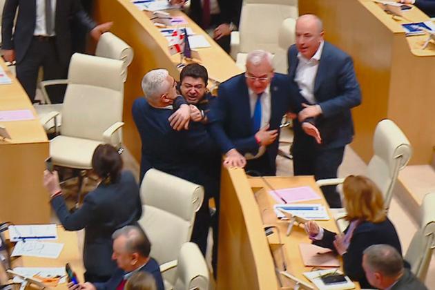 At the Georgian Parliament, a fight between elected representatives breaks out, during the session to vote on the "foreign influence" law, in Tbilisi, on May 14, 2024.