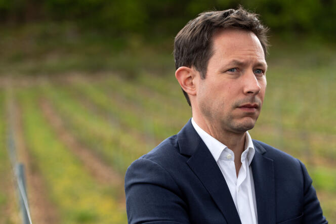 Le candidat Les Républicains (LR) aux élections européennes François-Xavier Bellamy, en visite dans un domaine viticole à Saint-Vincent-Rive-d’Olt (Lot), le 26 avril 2024.