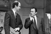Brice Lalonde and Michel Rocard, after a cabinet meeting at the Elysée Palace, Paris, September 28, 1988.