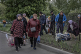 Residents of Vovchansk (Ukraine) evacuated from the city shelled by the Russian army, in Kharkiv, on May 15, 2024.