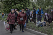 Residents of Vovchansk (Ukraine) evacuated from the city shelled by the Russian army, in Kharkiv, on May 15, 2024.