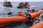 Migrants heading for Europe are cvictims of a shipwreck before being rescued by a Sea Watch-3 team, about 50 km from Libya, Monday, October 18, 2021.
