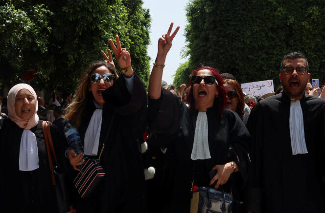 Abogados se manifiestan durante un día de huelga para protestar contra el reciente arresto de dos de sus colegas, uno de los cuales supuestamente fue torturado durante su detención, frente al tribunal de Túnez, el 16 de mayo de 2024.