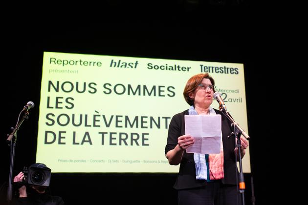 Valérie Masson Delmotte, directrice de recherche au CEA, intervient contre la menace de dissolution des Soulèvements de la Terre, le 12 avril 2023.