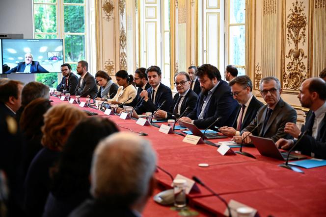 Gabriel Attal attends a meeting with the liaison committees on the situation in New Caledonia, in Matignon, Paris, May 17, 2024. 