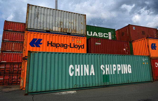 Empty Chinese containers in the port of Duisburg (western Germany), July 13, 2023.