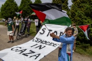 Demonstrators with Palestinian flags at the Auschwitz-Birkenau memorial, on the site of the Oswiecim concentration camp, Poland, May 6, 2024.