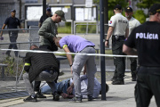 Police arrest a man after Slovak Prime Minister Robert Fico was shot and wounded in Handlova, Slovakia, Wednesday, May 15, 2024.