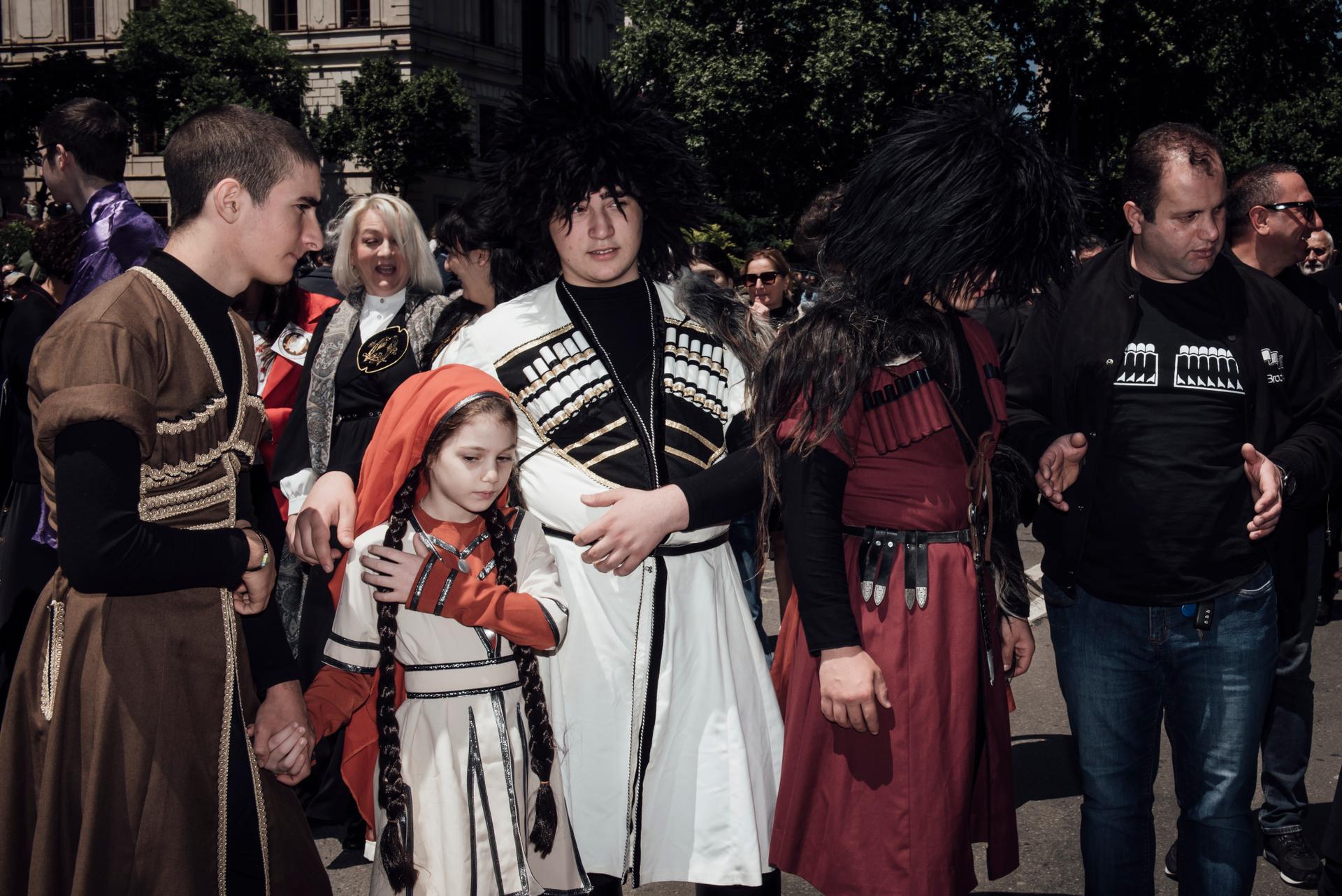 Demonstrators in traditional dress on "Family Purity Day" in Tbilisi, May 17, 2024.