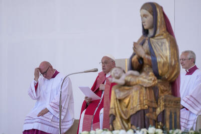 Le pape François lors d’une messe au Stade Marcantonio-Bentegodi de Verone, le 18 mai 2024. (AP Photo/Gregorio Borgia)