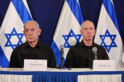 Israeli Prime Minister Benjamin Netanyahu and Israeli Defense Minister Yoav Gallant at a press conference in Tel Aviv on October 28, 2023.