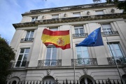 Spanish and European Union flags fly at the Spanish Embassy in Buenos Aires on May 20, 2024. 