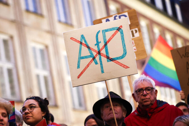 Demonstrators at a rally against the far-right Alternative for Germany party in Münster (North Rhine-Westphalia), western Germany, February 16, 2024.