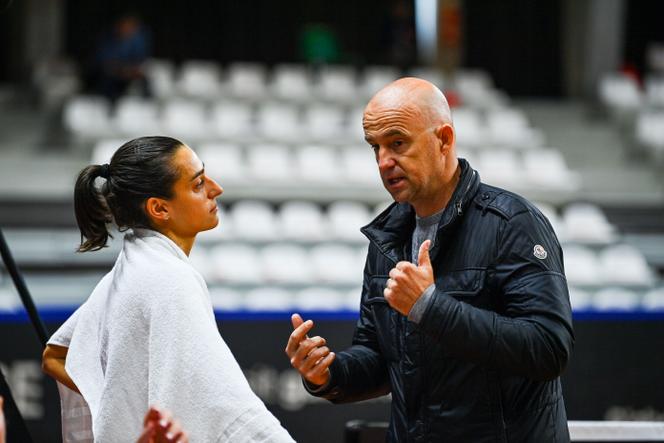 Caroline Garcia and Ivan Ljubicic during a Billie Jean King Cup match between France and Great Britain in Le Portel, France, on April 13, 2024.
