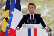 France's President Emmanuel Macron delivers a speech at the Place des Cocotiers in Nouméa on July 26, 2023.
