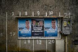 Des posters de campagne du RN pour les élections européennes à Lanques sur Rognon, le 15 mai 2024.