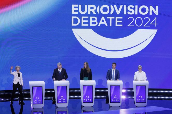 (From left to right) The main candidates for the presidency of the European Commission are German Ursula von der Leyen from the European People's Party, Luxembourg's Nicola Schmitt from the Party of European Socialists, and German Thierry Reintke from the Green Party.  - The Free European Union Alliance, Italian Sandro Gozzi from the Renewal Group, and Austrian Walter Baer from the European Left Party, who participate in a debate in the European Parliament in Brussels, May 23, 2024.