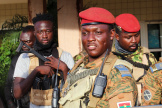 Burkina Faso's military leader Ibrahim Traorz is escorted by soldiers in Ouagadougou, Burkina Faso October 2, 2022. 