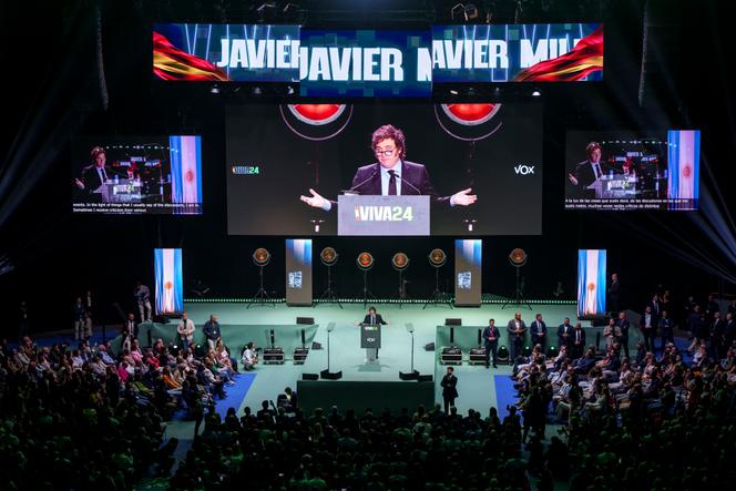 Le président argentin, Javier Milei, lors du rassemblement Europa Viva 24, organisé par le parti d’extrême droite espagnol Vox, à Madrid, le 19 mai 2024.