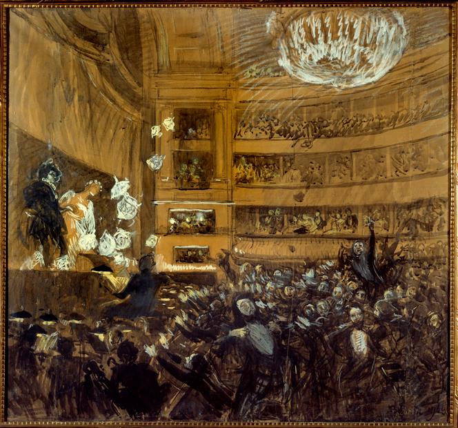 Dessin de Paul Albert Besnard montrant la première représentation d’« Hernani », de Victor Hugo, à la Comédie-Française, à Paris, en 1830.
