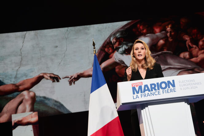 Marion Maréchal, lors d’un meeting du parti Reconquête ! pour le lancement de la campagne des européennes, à Paris, le 10 mars 2024. 