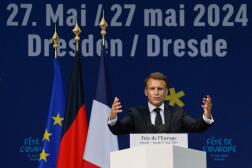 Emmanuel Macron à Dresde, en Allemagne, à l’occasion de la Fête de l’Europe, le 27 mai 2024.
