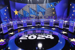 Sur le plateau d’un débat pour les élections européennes 2024, diffusé sur BFM-TV, le 27 mai 2024.