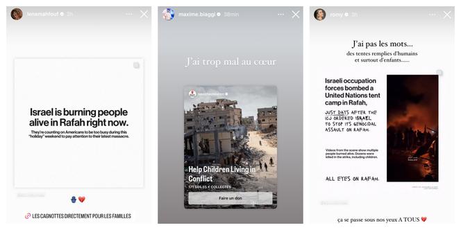 Las “historias” compartidas en Instagram por los camarógrafos e influencers Léna Mahfouf, Maxime Biaggi y Romy, el 27 de mayo de 2024.