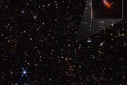 Image infrarouge du télescope spatial James-Webb de la NASA montrant une galaxie, JADES-GS-z14-0 (dans l’encadré), le 30 mai 2024.