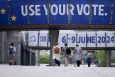 A campaign exerting people to vote on the buildings of the European institutions in Brussels, Belgium, on May 17, 2024.