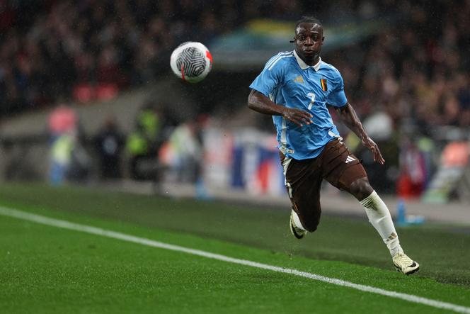 L'ala sinistra belga Jeremy Doku durante la partita Inghilterra-Belgio del 26 marzo 2024 a Londra.