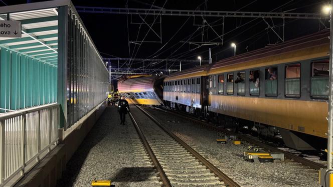 A view of a derailed train carriage following a collision between a passenger train and a freight train in Pardubice, Czech Republic, June 5, 2024 in a picture obtained from social media. 