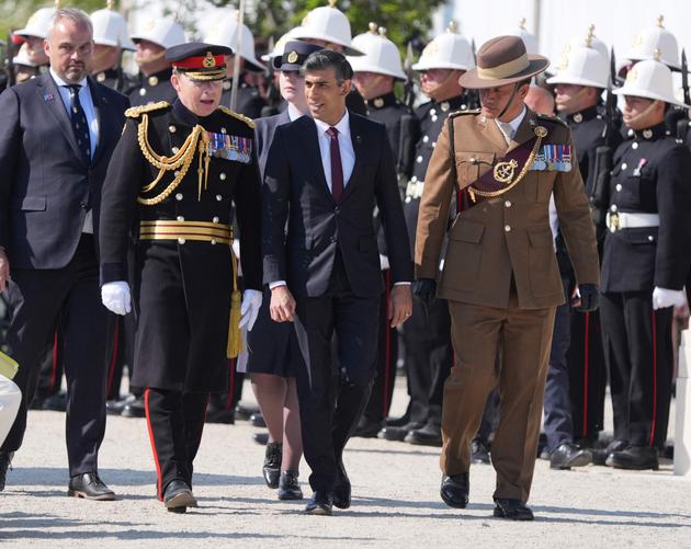 Britain's Prime Minister Rishi Sunak arrives for the Royal British Legion's commemorative event at the British Normandy Memorial at Ver-sur-Mer, Normandy, on June 6, 2024. 