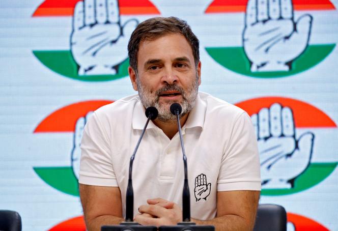 Rahul Gandhi, a senior leader of Congress party, speaks during a media briefing at the party headquarters in New Delhi, India, on June 6, 2024.