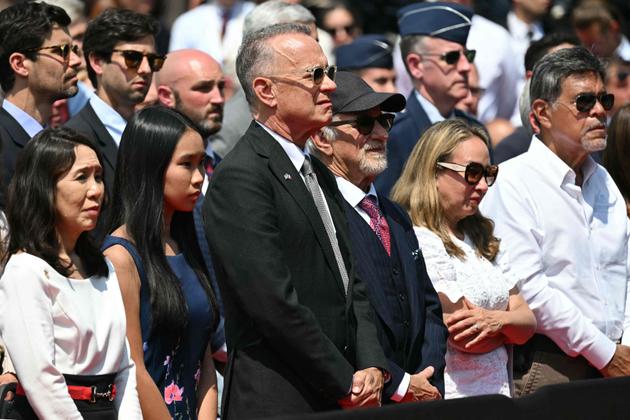 US actor Tom Hanks and US director Steven Spielberg attend the US ceremony  at the Normandy American Cemetery.