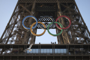 The Olympic rings are mounted on the Eiffel Tower Friday, June 7, 2024 in Paris.
