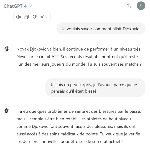 Illustration de l'erreur de ChatGPT 4 sur l'état de santé de Novak Djokovic