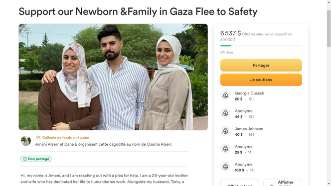 Exemple de cagnotte en soutien à une famille de Palestiniens sur le site GoFundMe.