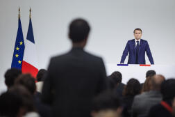 Au cours de la conférence de presse du président de la République, Emmanuel Macron, à Paris, le 12 juin 2024.