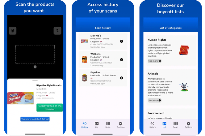 Screenshots van de applicatie zoals verstrekt door Boycott